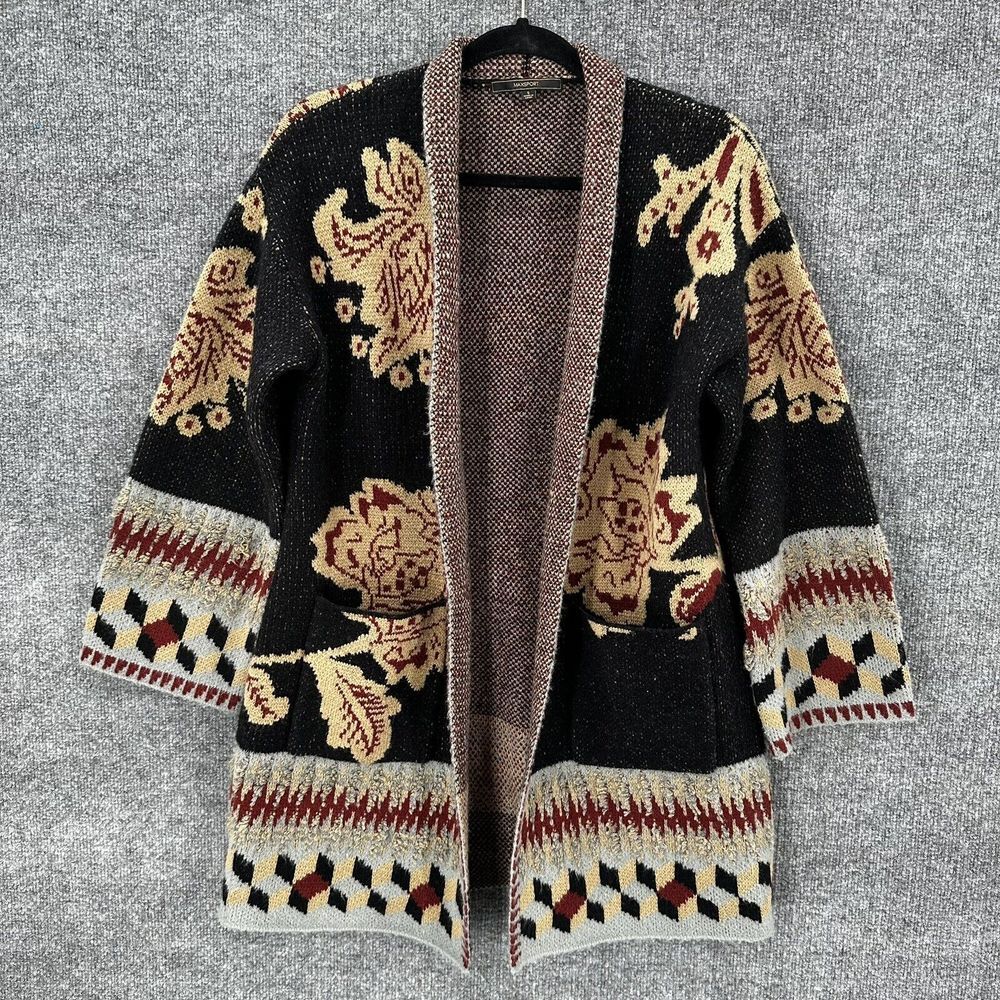 Maxsport Cardigan Womens‎ Small Wool Blend Open Heavy Knit Black Multi Long